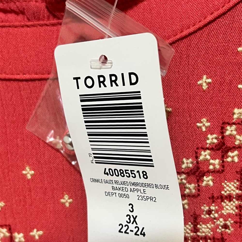 Torrid Embroidered Top Womens 3X Coral Blouse Ruffle Gauzy Boho Crinkle - Picture 3 of 3